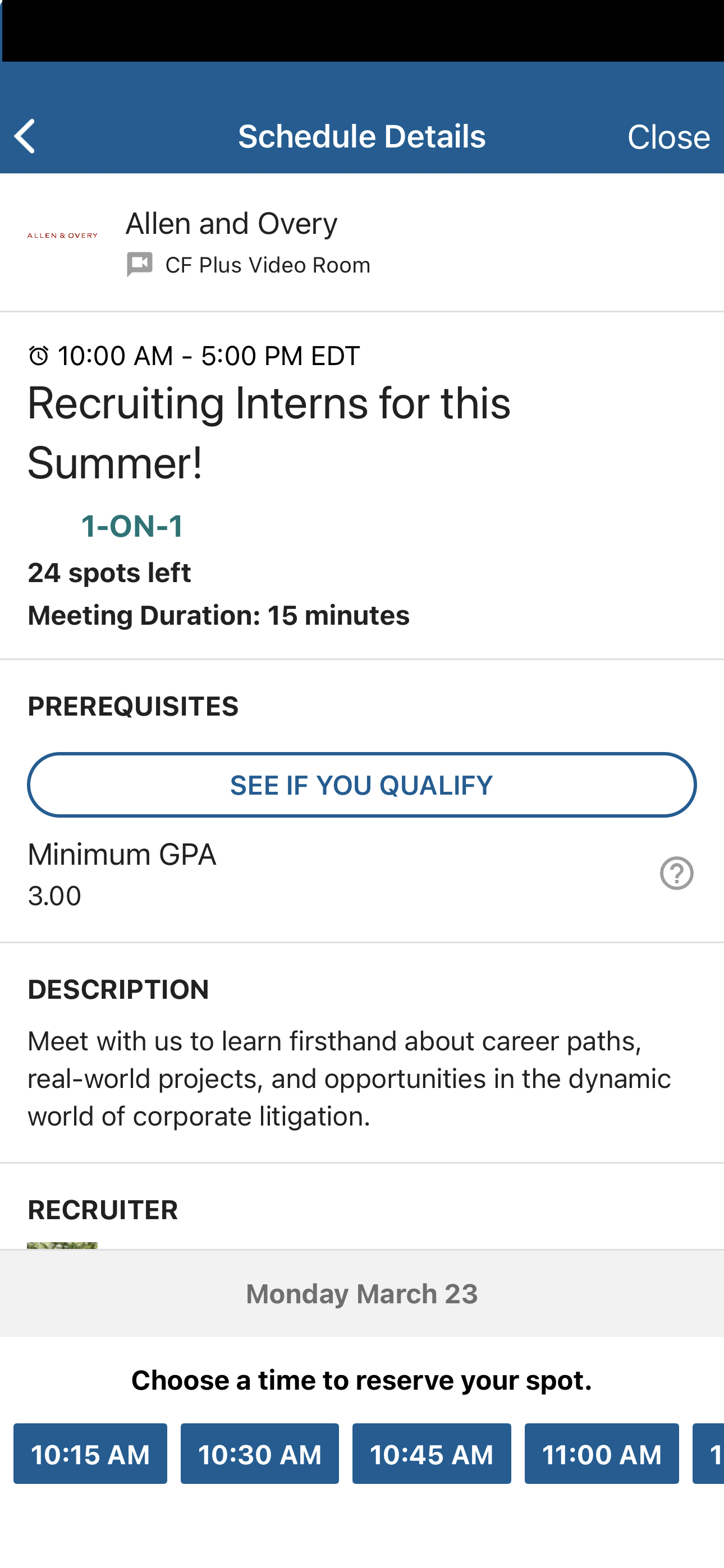 CF+ meeting booking screen